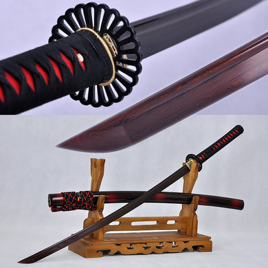 Japanese Samurai Katana Sword Folded Damascus Steel Black & Red Full Tang Blade Iron Tsuba Handmade Custom Sharp Can Cut Bamboos