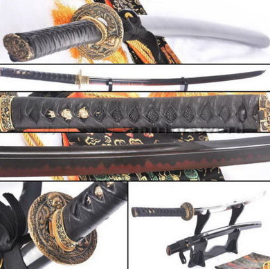 Brass Tsuba Black Blade and Red Homon Katana